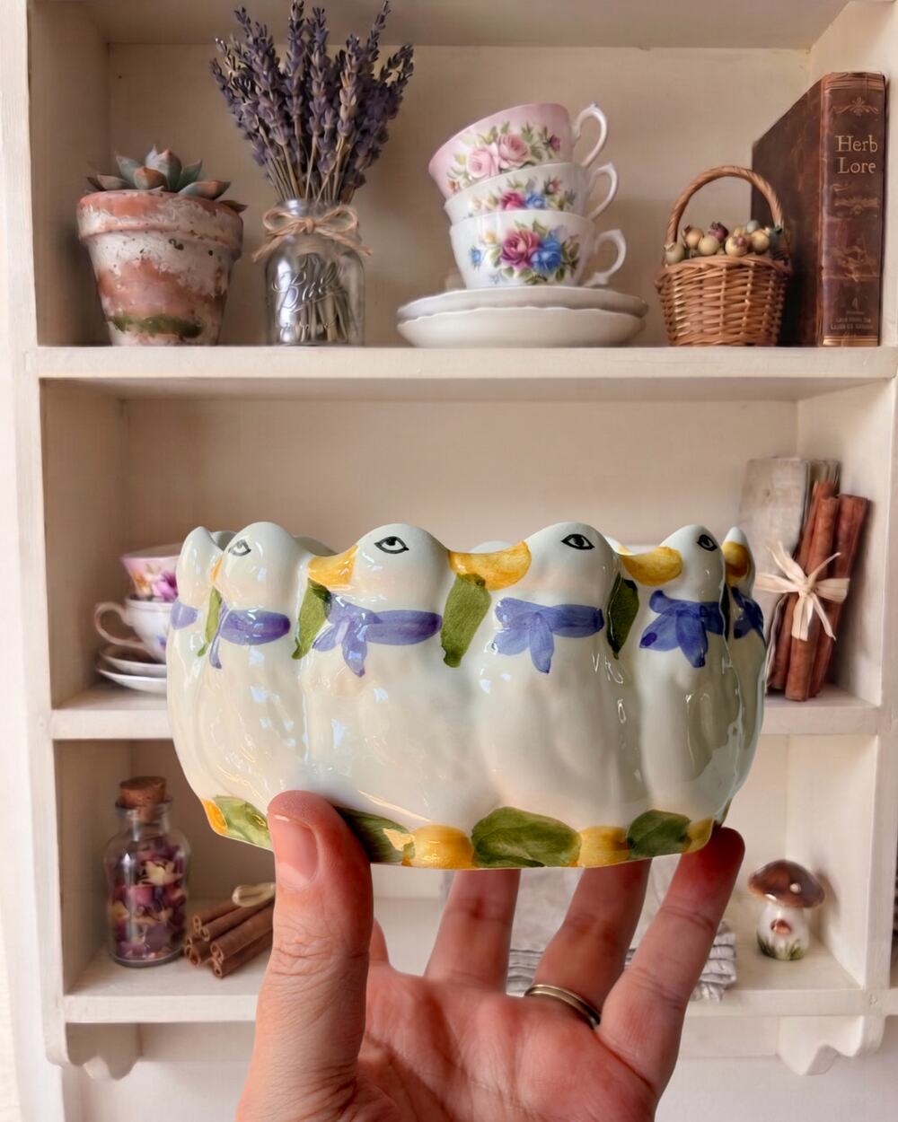 Vintage Hand Painted Ceramic Duck Bowl | Cottagecore Farmhouse Bluebell Floral